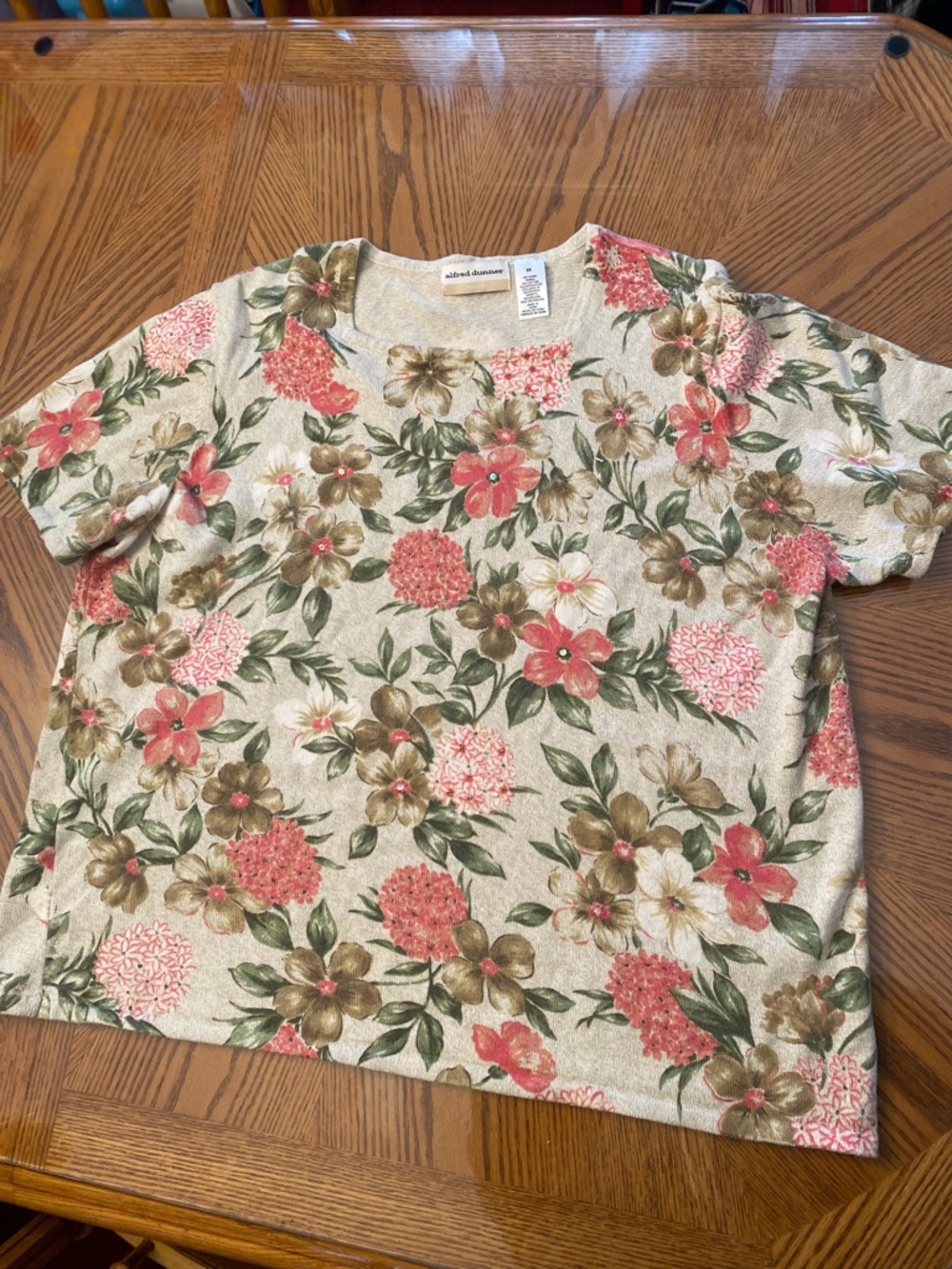 Alfred Dunner Cream Tee with Pink & Olive Floral Print